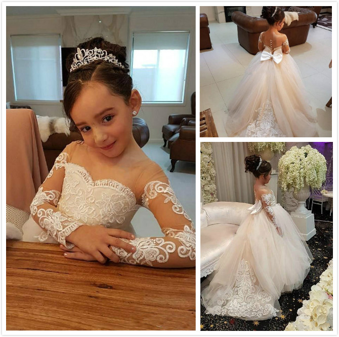 

Ivory Flower Girls Dresses For Weddings Lace Appliques Beads Long Sleeves Girl Wedding Dress Sashes Cheap Toddler Pgeant Gowns, White;blue