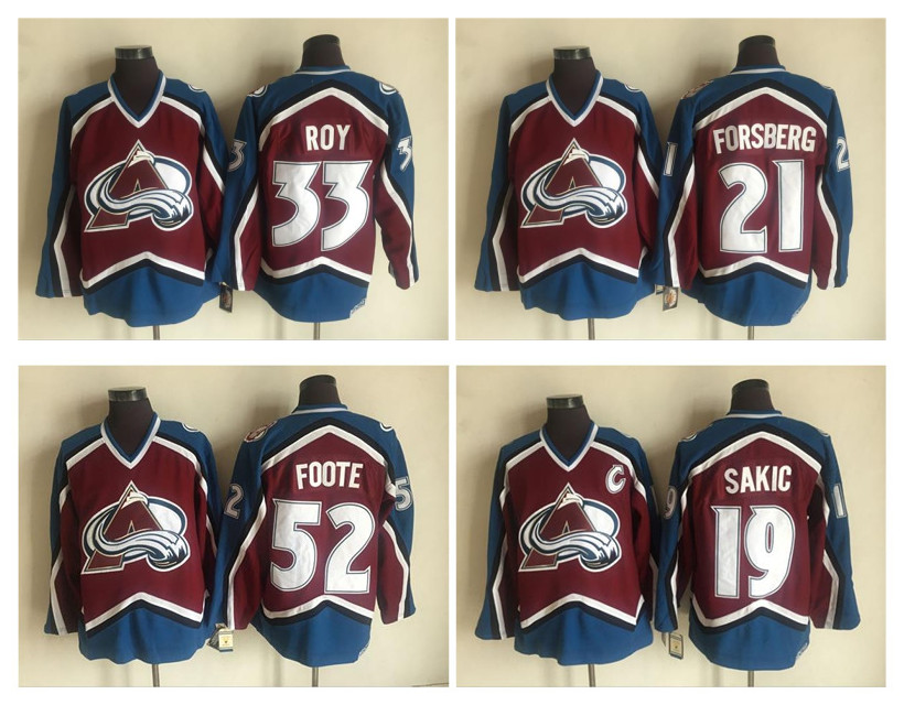 

Retro Colorado Avalanche Hockey Jersey 33 Patrick Roy 21 Peter Forsberg 19 Joe Sakic 52 Adam Foote Red/blue Vintage Hockey Jersey, Black;red