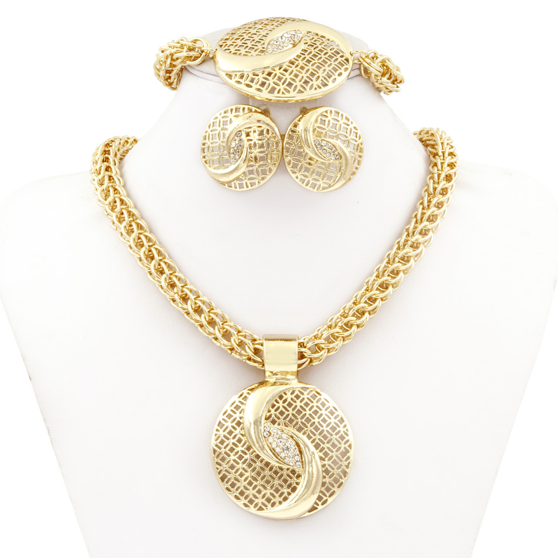 

whole saleChinese Tai Chi Jewelry Dubai Golden Plated Big Necklace Jewelry Sets Fashion Nigerian Wedding African crystal Costume, 18 k gold plated