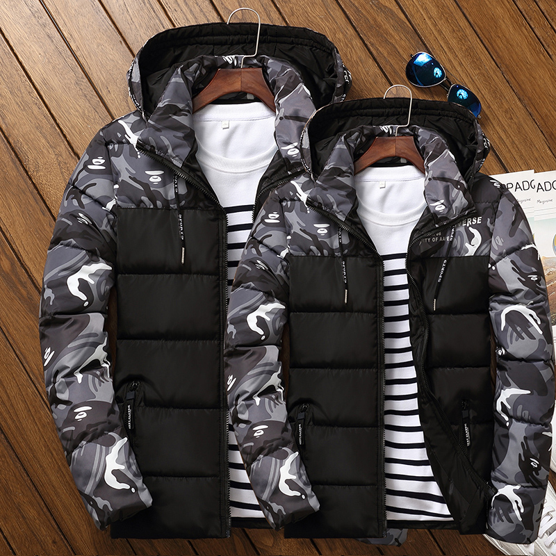 Mens Down Jacket Fashion Camouflage Camo Patchwork Hooded Parkas Men Winter Thicken Warm Coats Outwear Plus Size 4XL