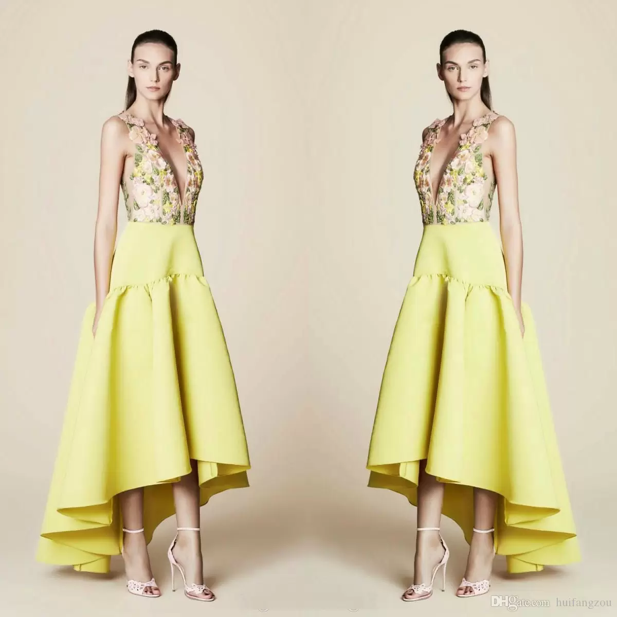 Tony Ward 2019 New Prom Dress Light Yellow Sexy Deep V-Neck Embroidery Flower Applique Hi Lo Party Gowns Custom Made A-Line Evening Dresses