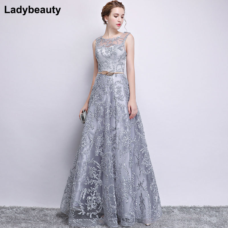 Nouveau 2018 robe de soirée élégante banquet champagne dentelle dentelle sans manches longueur longueur longue fête robe formelle et robe de soal