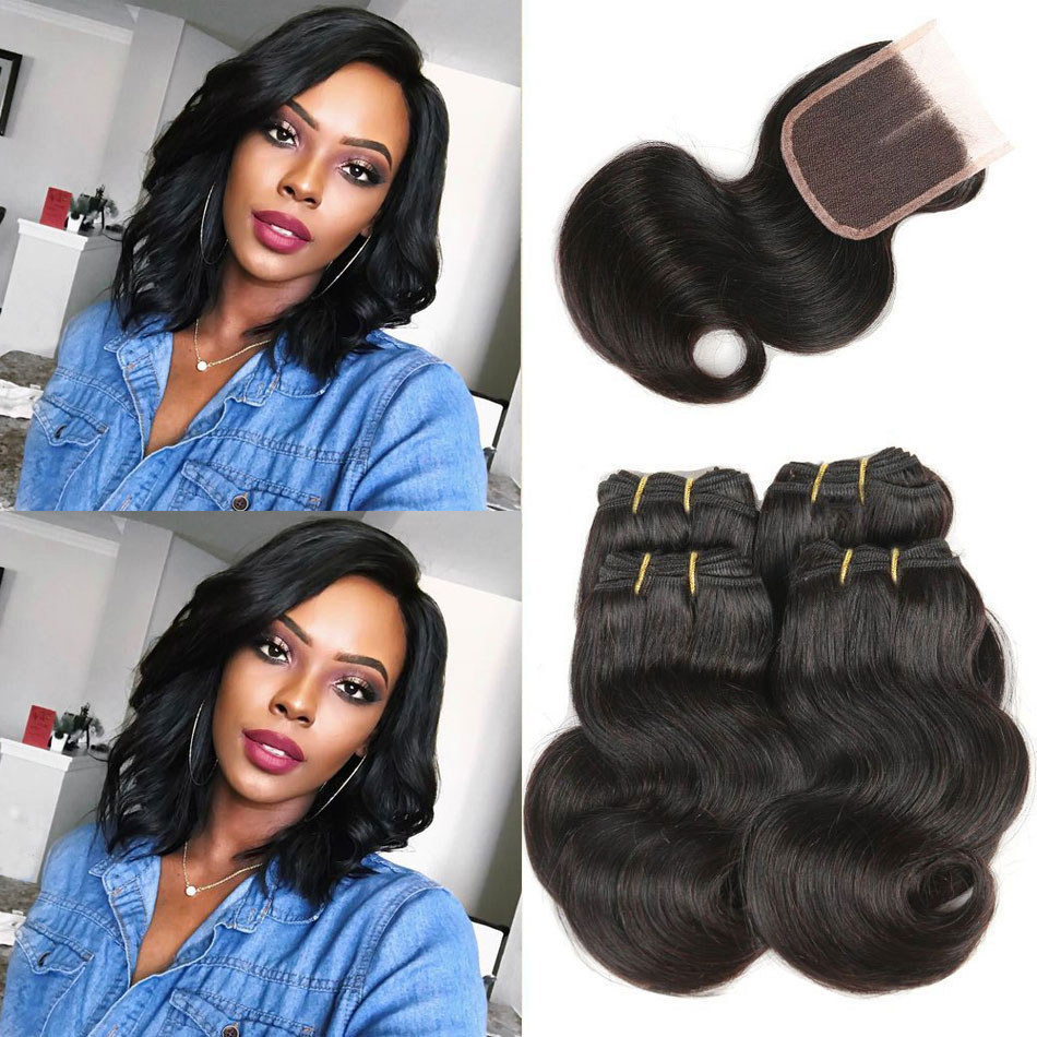

Malaysian Hair Body Wave 4 Bundles with Lace Closure 100% Human Hair Weave Bundles with Closure Short Hair Extensions Natural Color, Middle part