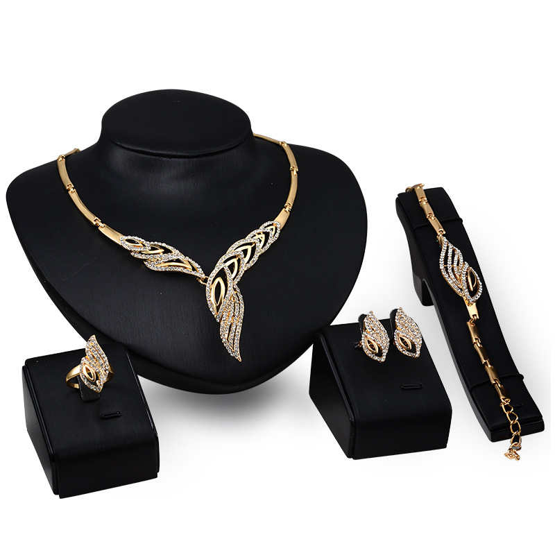 

Dubai 18K Gold Pendant Leaf Necklace Sets Fashion African Diamond Wedding Bridal Jewelry Sets (Necklace + Bracelet + Earrings +Ring), Golden