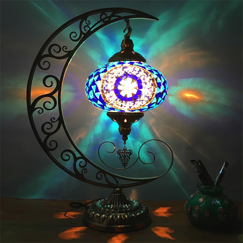 Retro folk style moon romantic bedroom living room restaurant cafe hotel handmade mosaic glass Turkish lamp-image-410528955