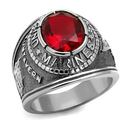 

American Military Marines Ring Hot Men Unisex New Design Gold-color Siam Red Color Main Stone Stainless Steel Fashion Men ring