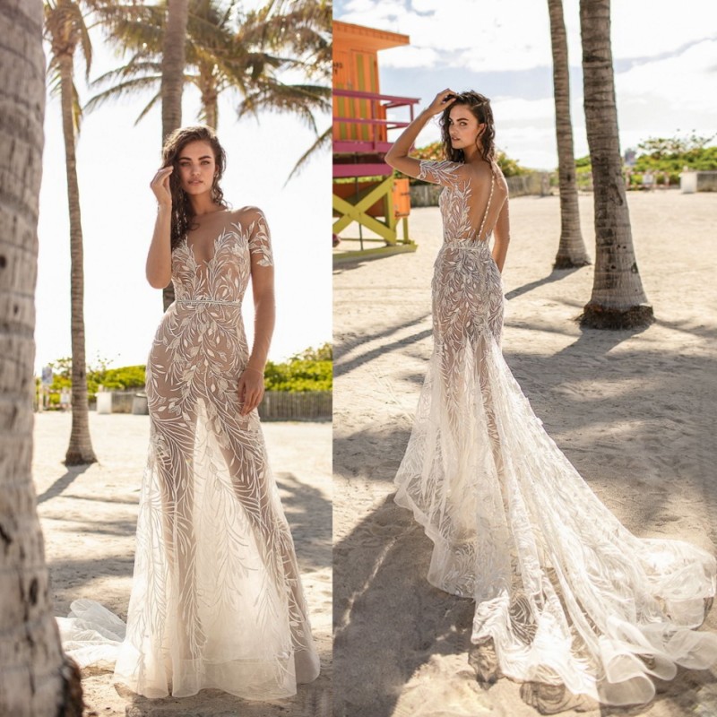 

Berta Mermaid 2019 Wedding Dresses See Through Lace Appliqued Short Sleeves Bridal Gowns Arabilc Dubai Vestidos de novia, Pink
