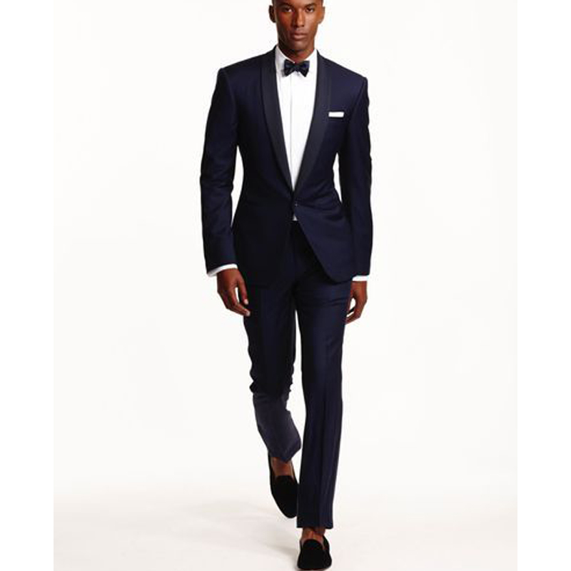 

2018 Navy Blue Wedding Men Suits for Groom Wear Shawl Lapel One Button Skinny Style Two Piece Wedding Tuxedos (Jacket + Pants), Same as image