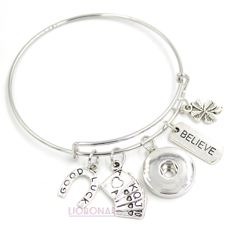 En gros Nouvelle Arrivée 18mm Snap Bijoux Fil Bracelet Casino Poker Bracelets Bonne Chance Charmes Snap Bouton Bracelets pour les femmes cadeau