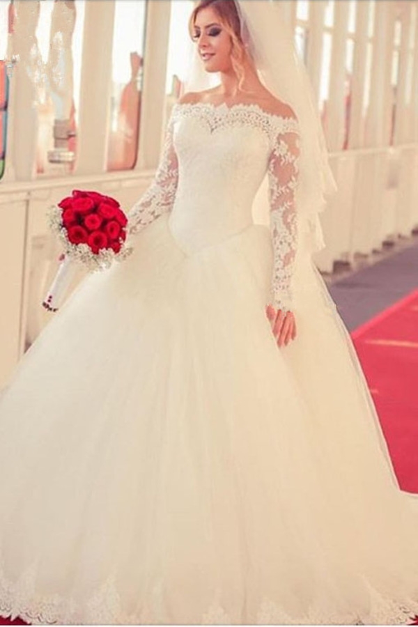 

Lace Ball Gown Wedding Dresses Illusion Long Sleeve Off The Shoulder Bridal Gowns Vestido De Novia Robe De Mariee, Ivory