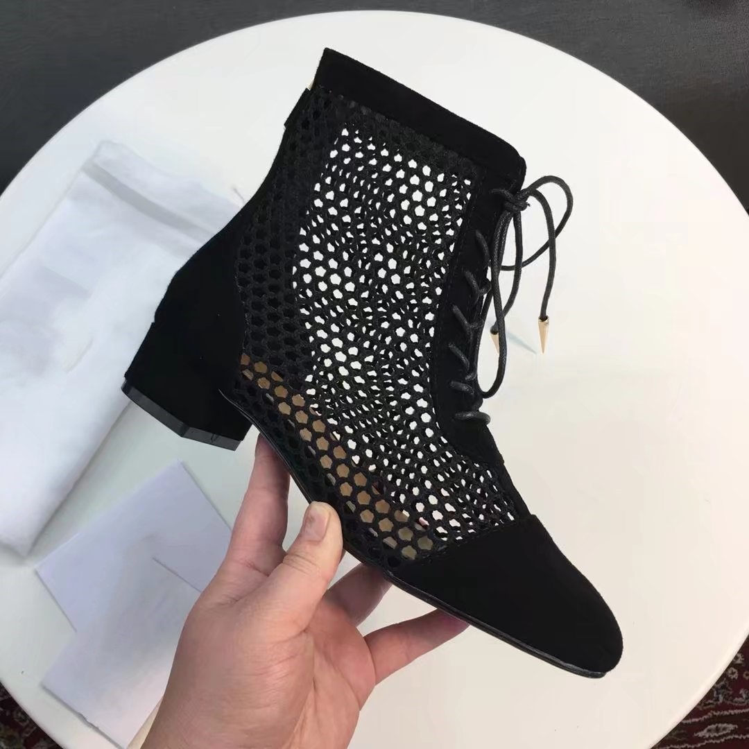 

Women New Fashion Round Toes Chunky Heel Breathable Sexy Lace Up Ankle Boots Girls Black White Summer Short Boots Size 35-40 Free Shipping