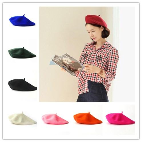 

17 Color Spring Autumn Womens Wool Beret Solid French Artist Beanie Girl Bonnet Caps Stretchy Flat Hat Stylish Painter Trilby Free Ship, Blue;gray