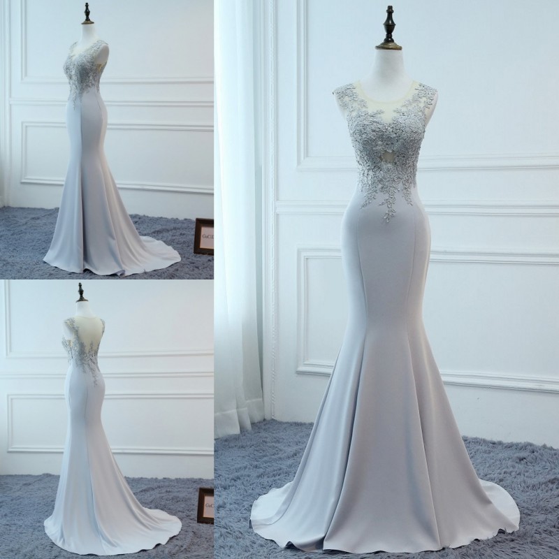 

Real Image 2018 Prom Dress Sheer Jewel Neck Lace Applique Crystal Design Evening Gowns Sweep Train Formal Wear, Light sky blue