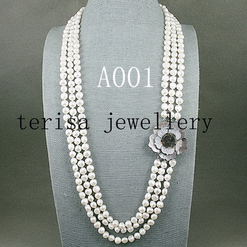 

New Arriver Natural Pearls Jewellery,White Color 3 Rows Freshwater Pearl Necklace,Nice Shell Flower Clasp,Free Shipping