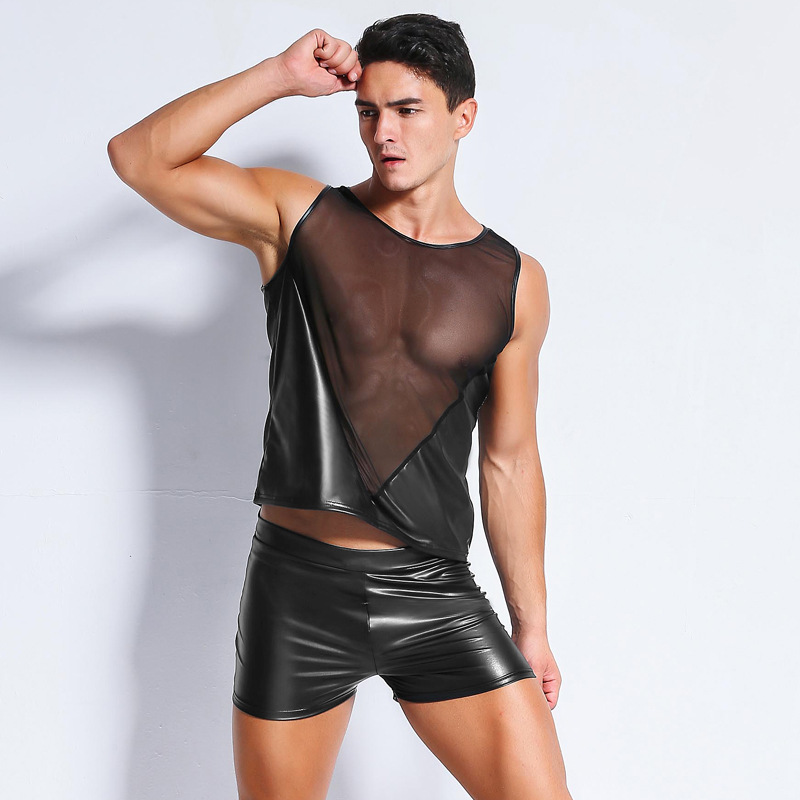 

Sexy GAY Men's Bondage Fetish Black PVC Look Latex T SHIRT TOP & SHORT PANT 67341