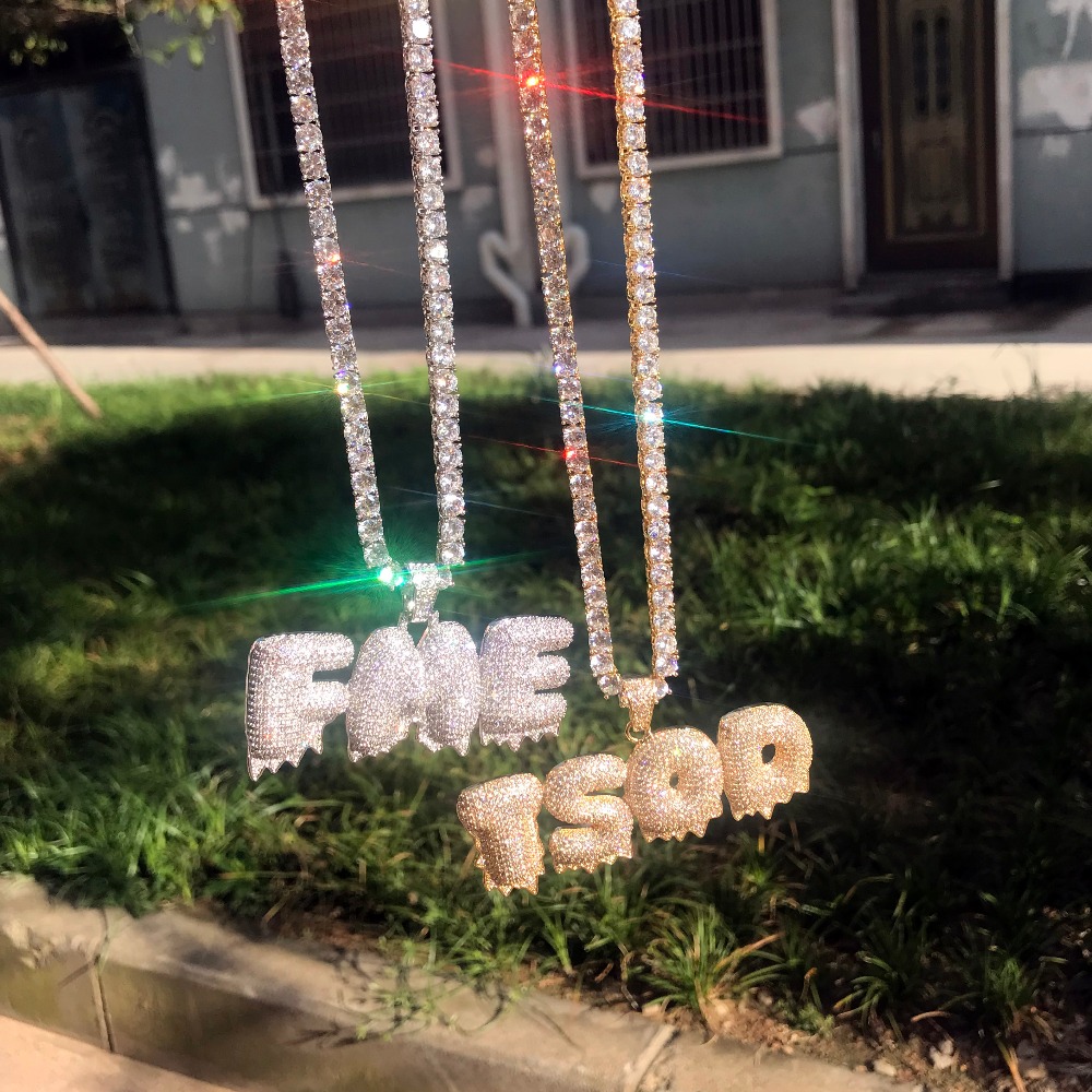 Nouveau vendeur chaud nom personnalisé blanc goutte à goutte hommes bulle lettres pendentifs colliers Zircon Hip Hop bijoux avec 5 MM Tennis 2 co