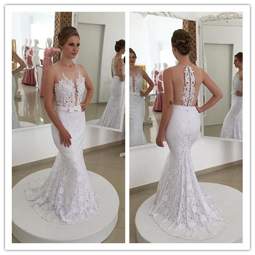 

Amazing Lace Wedding Dress Cheap Mermaid Jewel Sheer Neck Hollow Back Applique Court Train New Wedding Bridal Gowns New Custom made, White