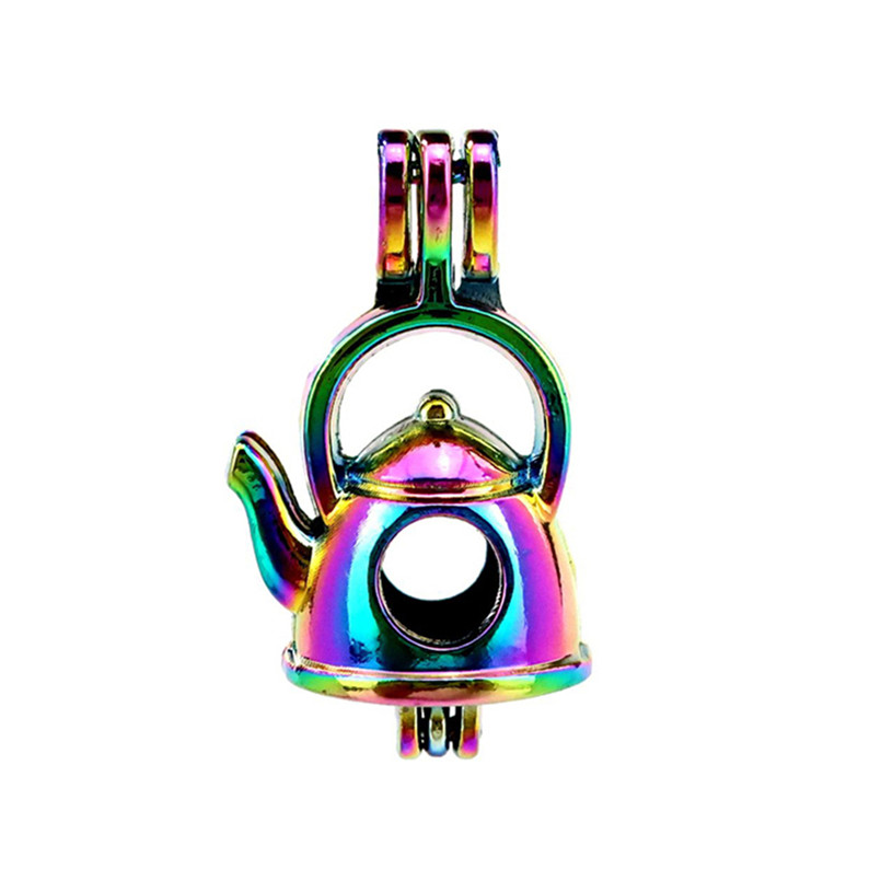 

10pcs/lot Rainbow Color Kettle Water Pot Teapot Beads Cage Locket Pendant Diffuser Aromatherapy Perfume Essential Oils Diffuser Floating Pom, Silver
