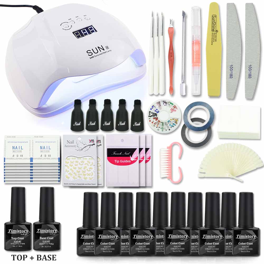 

Timistory 54W UV Led Lamp Nail Set Gel Polish Manicure Kit UV Gel Base Top Coat Kit Manicure Tools Soak Off Varnish Kits, 40w sunx9