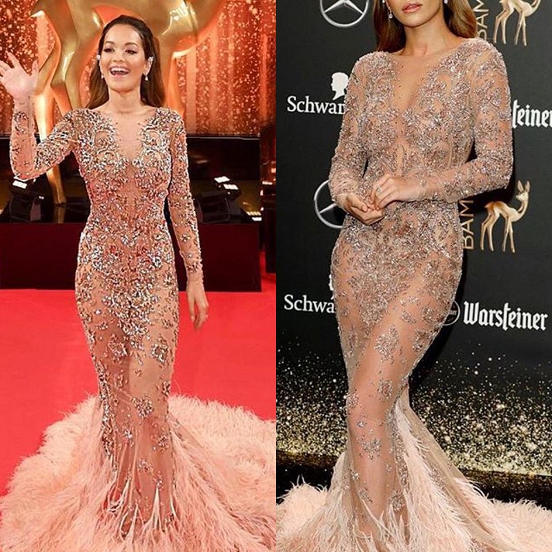 

Rita Ora Celebrity Prom Dresses Luxury Feather Crystal Beads Applique Long Sleeve Mermaid Evening Dress Gorgeous See Through 2018 Prom Dress, Pink