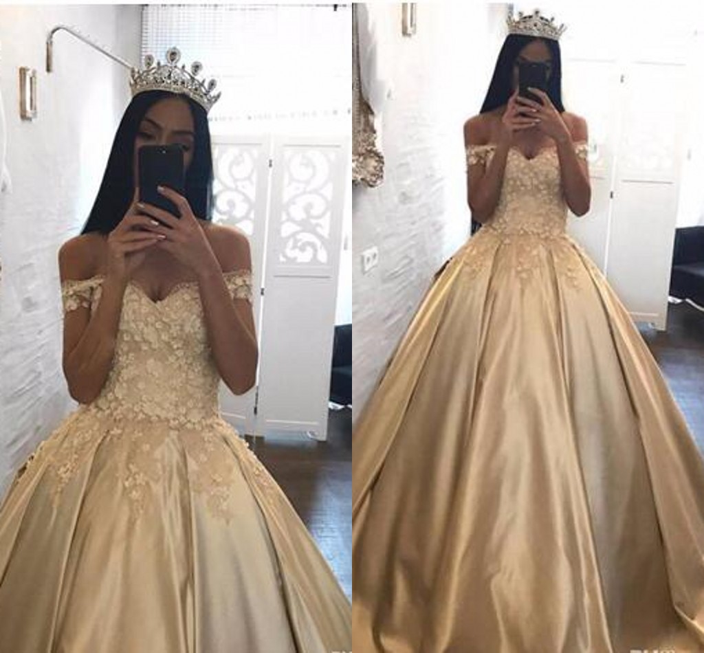 

2018 Gold Cheap Quinceanera Evening Dresses Ball Gowns Off the shoulder Short Sleeves Lace Applique Satin Flowers Sweet 16 Prom Party Dress, Sage