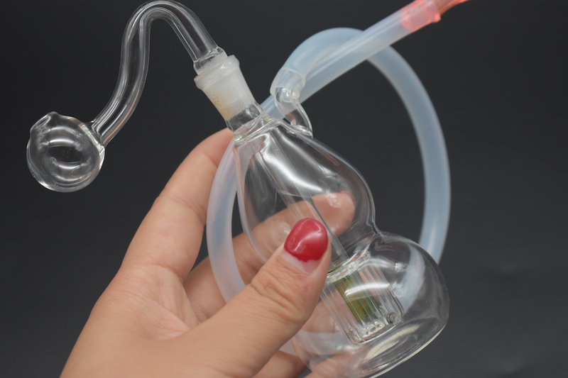 colorful Mini oil Bong Thick Heady Glass Bubbler 10mm female small water smoking pipe with silicone hose mouth drop tip-image-409938788
