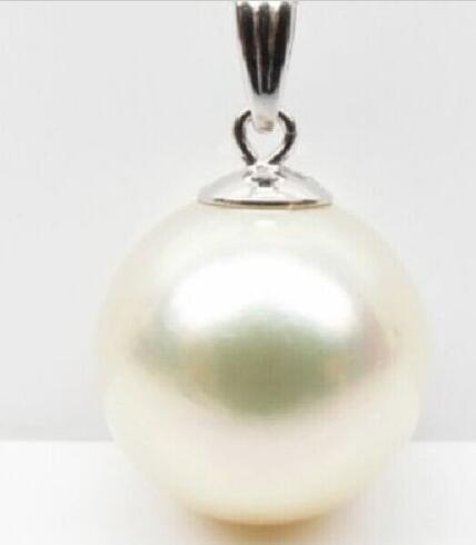 

15-16MM NATURAL SOUTH SEA WHITE PERFECT ROUND Shell PEARL PENDANT 14k WHITE GOLD, Silver