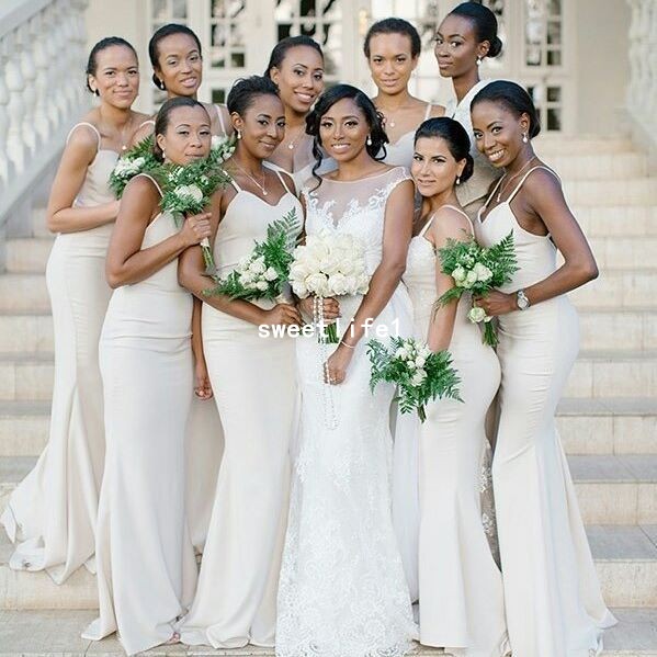 

2019 Simple Ivory Satin Bridesmaid Dresses Spaghetti Straps Mermaid Maid Of Honor Wedding Guest Gown For Garden Outdoor Wedding Wear