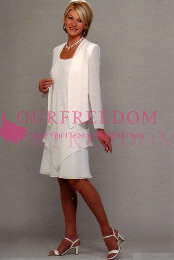2019 White Two Piece Mother Of Bridesmaid Dresses Scoop Neck Long Sleeve With Jacket Knee Length Formal Evening Occasion Dresses Custom Made