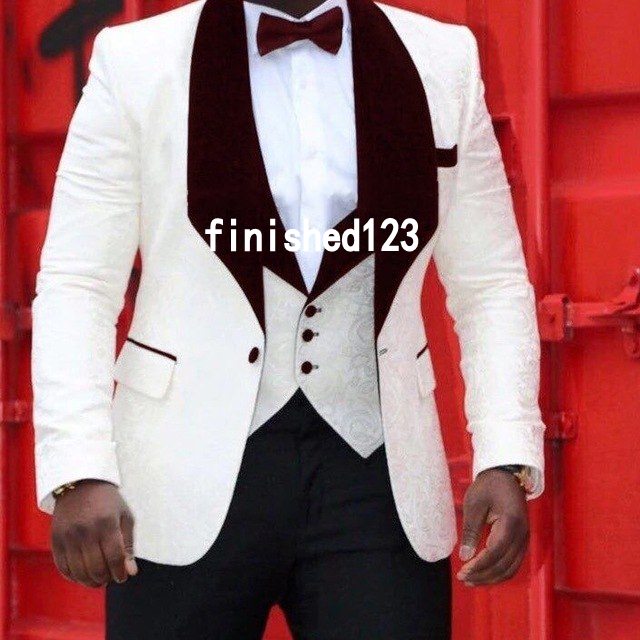 

High Quality One Button Ivory Groom Tuxedos Shawl Wine Lapel Groomsmen Best Man Suits Mens Wedding Suits (Jacket+Pants+Vest+Tie) NO:1008, Same as image