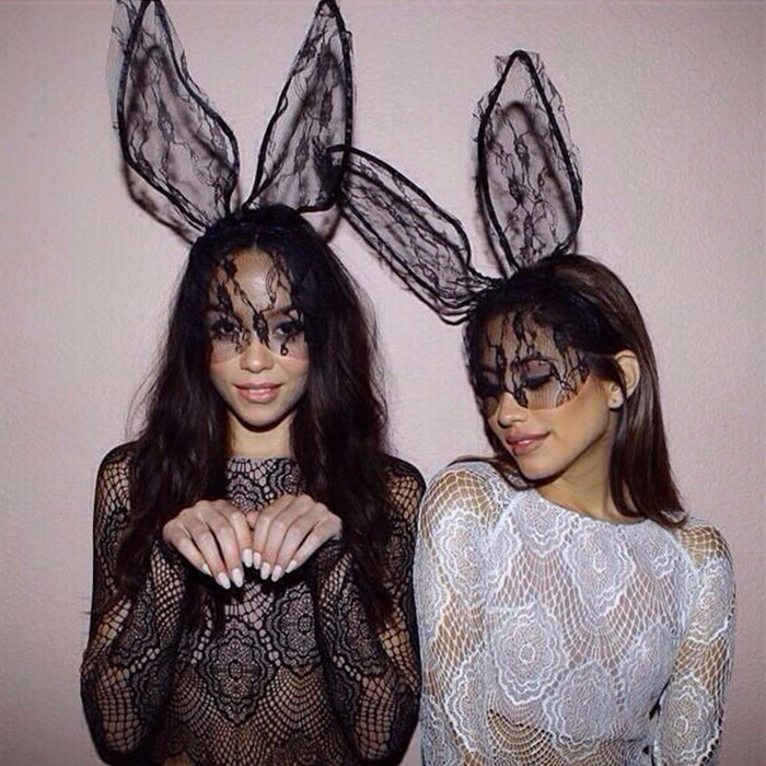 

Lace Bunny Ears Headband with Veil - Black,Red,White