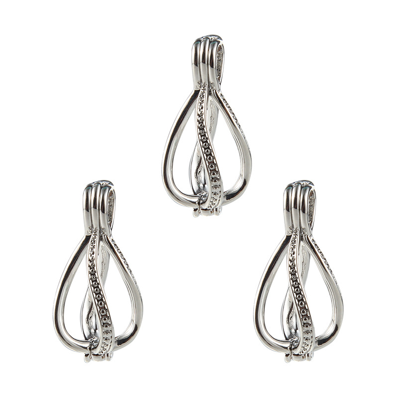 

18KGP Twisted Water Drop Shaped Locket Cages, Can Hold 8mm Pearl/ Crystal/ Gem Beads Pendant Charms Fittings, Silver