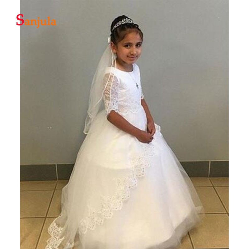 Lace Appliques Sequins Child Dresses Wedding Half Sleeve Ball Gown African Flower Girls Dresses Robe Mariage Petite Fille D107 Formal Girls Dresses