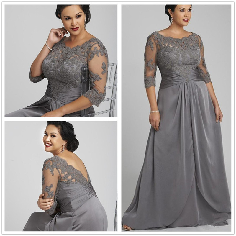 

2018 Plus Size Dark Gray Long Sleeves Chiffon Long Mother of Bride Groom Dresses Lace Applique Mother Evening Dresses Floor Length