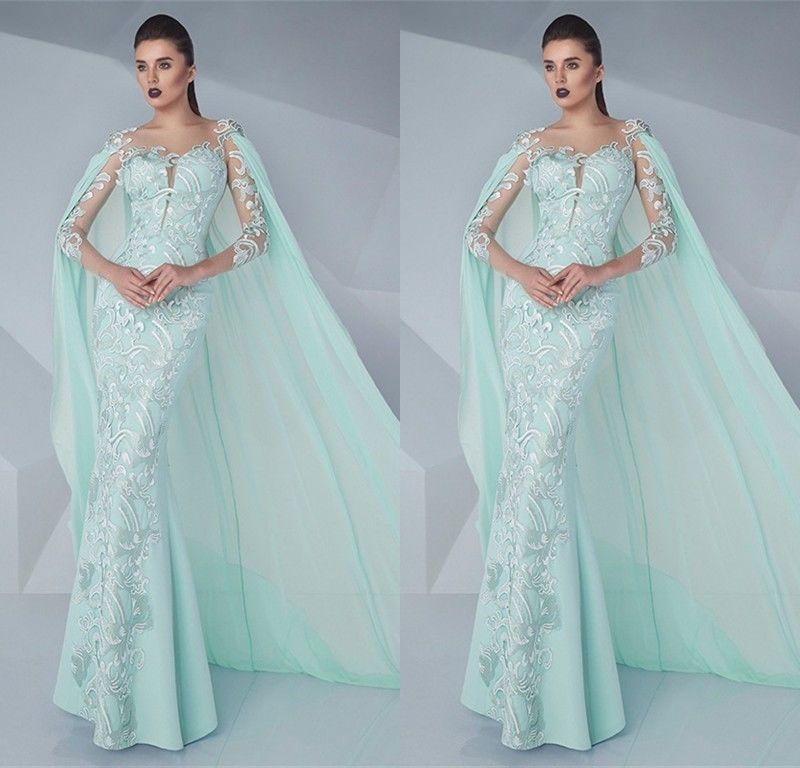 

Mint Green Mermaid Prom Dresses With Wraps 3/4 Long Sleeves Lace Appliqued Floor Length Formal Party Evening Gowns, Pink