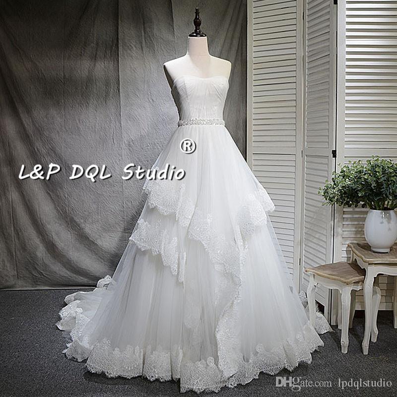 

Ivory Ball Gown Wedding Dresses Elegant Strapless Tulle with Lace Applique Lace-up Back Bridal Gowns Custom Made Plus Size Shining Sash, White