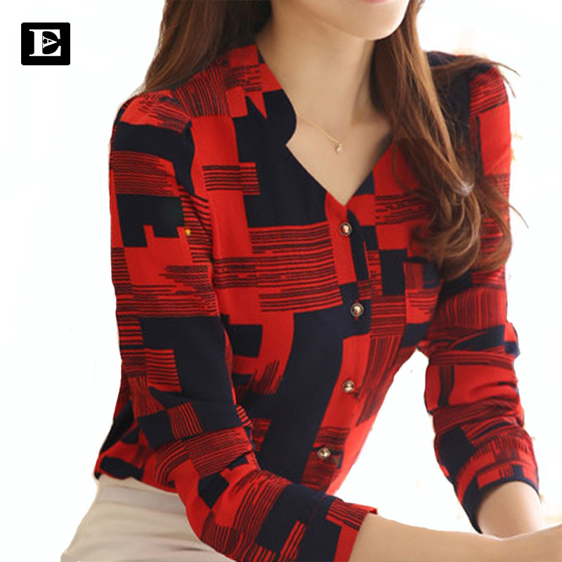 

New 2017 Women's Fashion Plaid Shirts With Long Sleeve V-Collar Blouses Women Cotton Plus Size Casual Shirt Style Blusas, Red