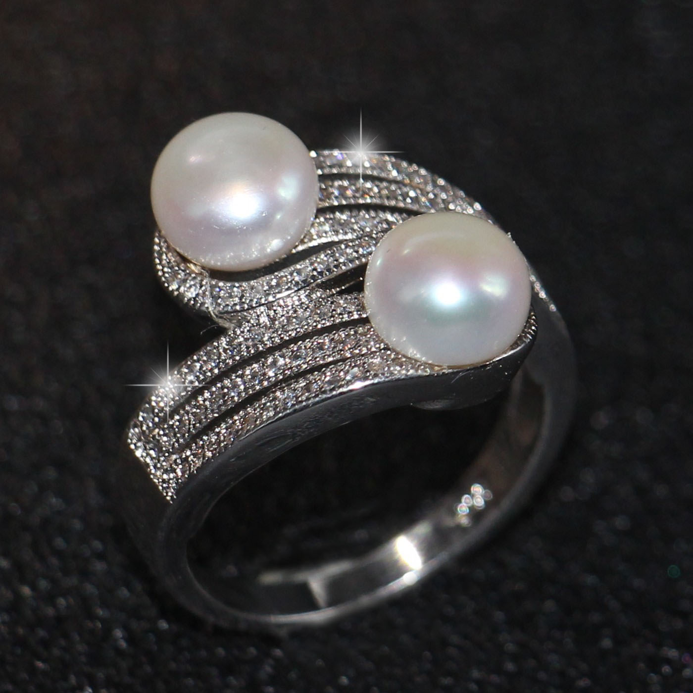 

2018 New Arrival Top Selling Luxury Jewelry 925 Sterling Silver Two Pearl Pave CZ Diamond Party Office Women Band Ring For Lovers' Gift, Slivery;golden