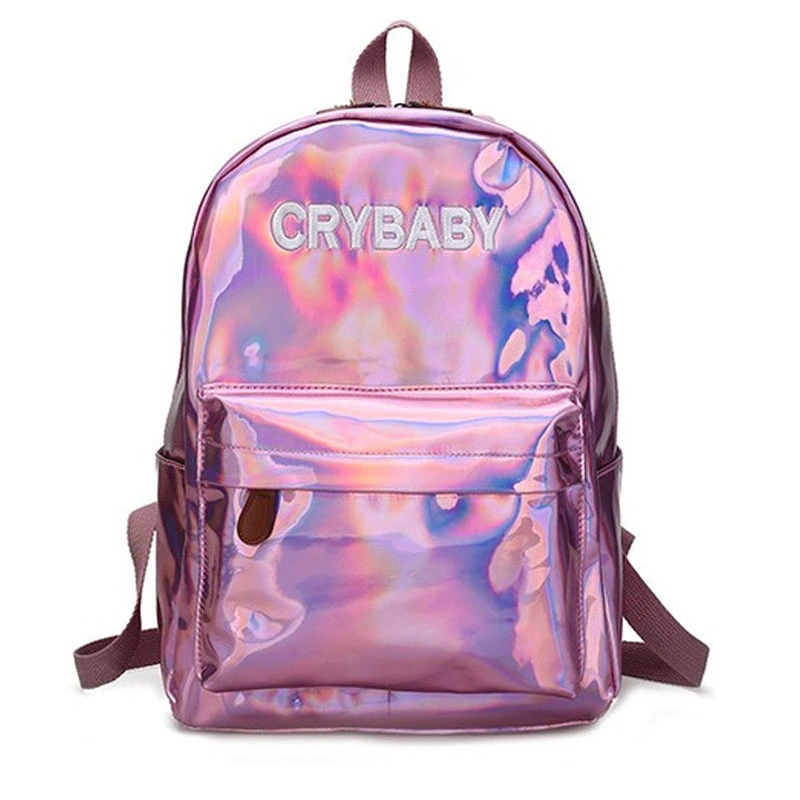 

Hot Sale Embroidery Letters Crybaby Hologram Laser Backpack Women Soft PU Leather Backpack School Bags For Girls Free Shipping, Blue