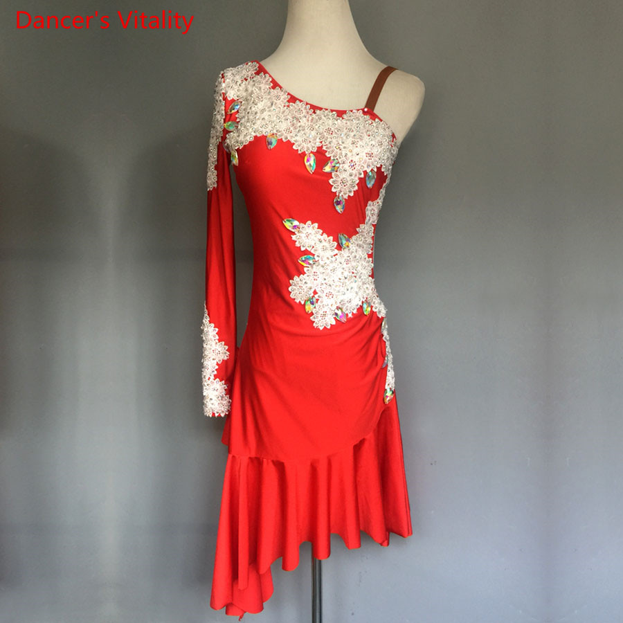 

Custom Made diamond Latin Dress Girls/women Ballroom Latin Dance Wear Kids /adult Cold Shoulder Vestido De Baile Latino For Sale, Red