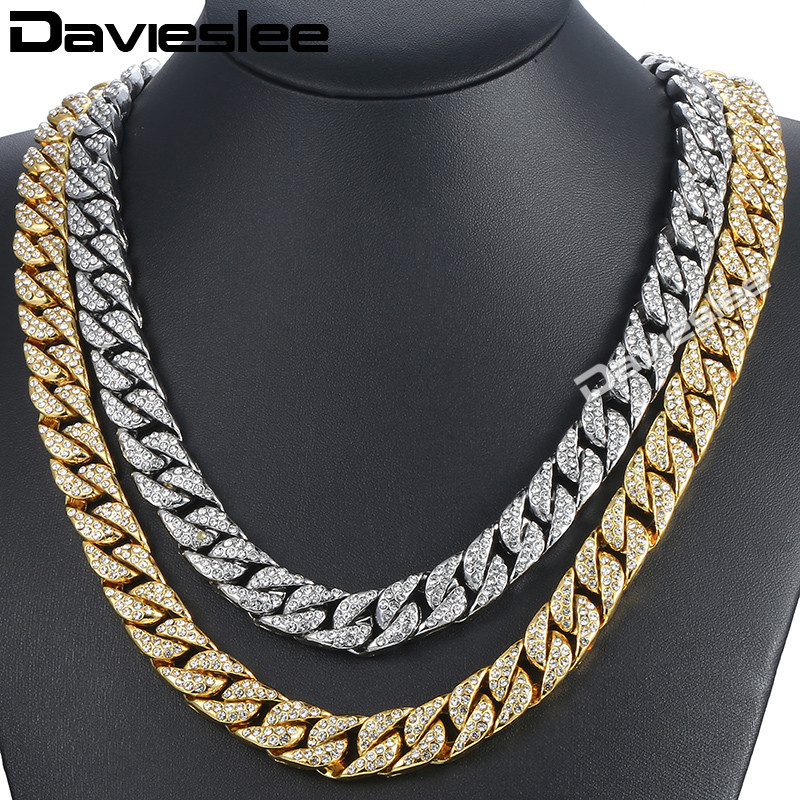 

Davieslee14mm Men's Necklace Hiphop Iced Out Miami Curb Cuban Gold Necklace Paved Clear Rhinestones Womens Mens Chain DLGN432, Silver