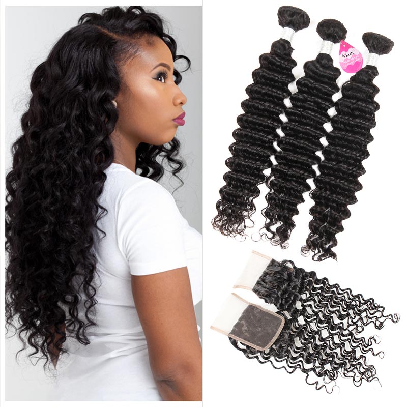 

Brazilian Deep Wave Bundles with Closure 10A Brazilian Virgin Hair Wet and Wavy Human Hair Weave with Lace Closure Free Middle 3 Part, Natural color