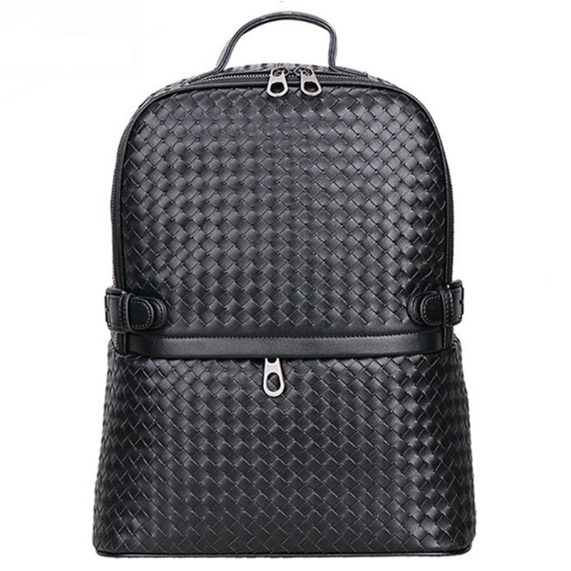 

Vintage Hand Weaving Genuine Leather Backpacks Men Women School Backpacks Travel Bags Big Canvas Backpack Large Laptop Book Bag handbag, Black
