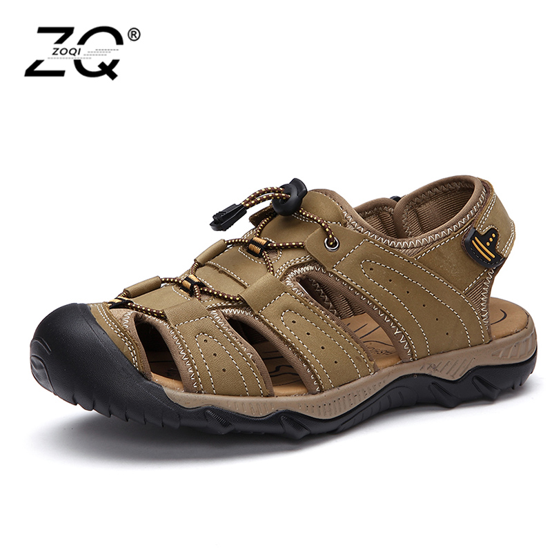 

ZOQI enuine Leather Shoes Summer New Large Size Men's Sandals Men Sandals Fashion And Slippers Big Size 38-45, Dark brown