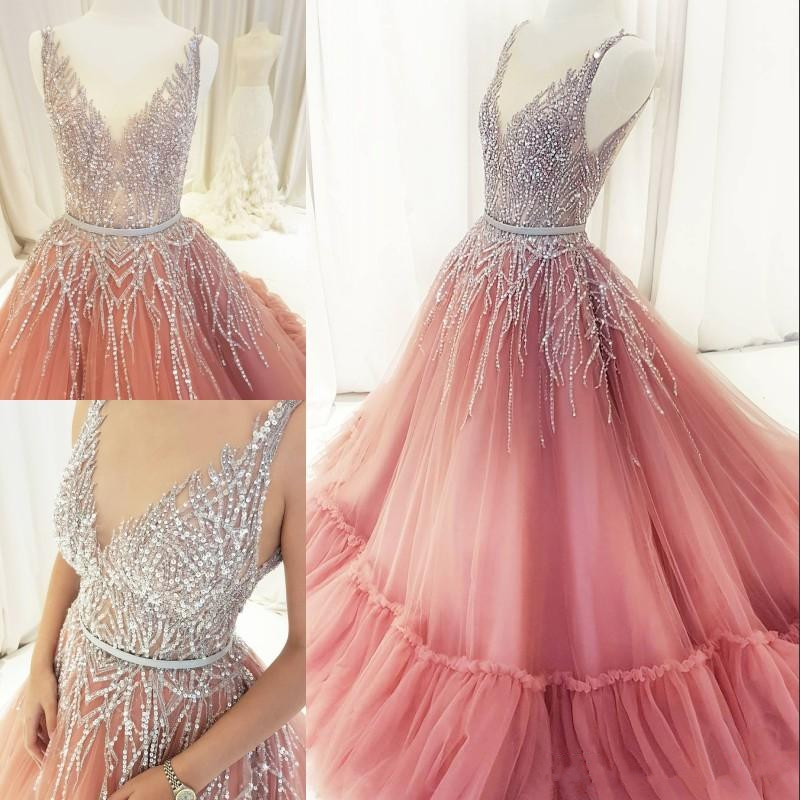 

Sparkly Sequins Ball Gown Prom Dresses Blush Beaded V Neck Evening Gowns Dubai Party Dress robe de soiree, Black