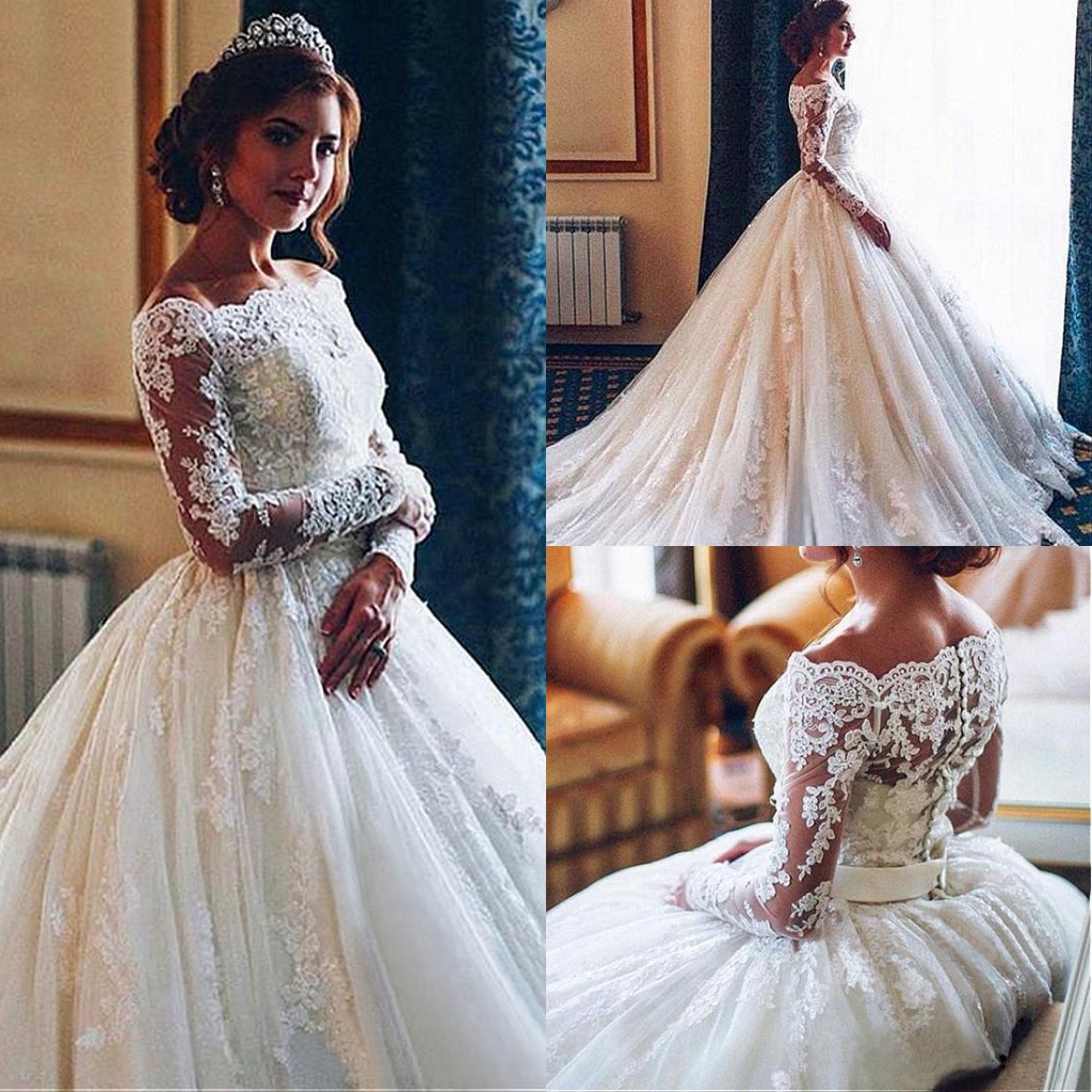 

2018 New Charming Lace Long Sleeves Wedding Dresses Bateau Off the Shoulder Covered Button Applique Bridal Gowns Plus Size Vestidos De Novia, Gold
