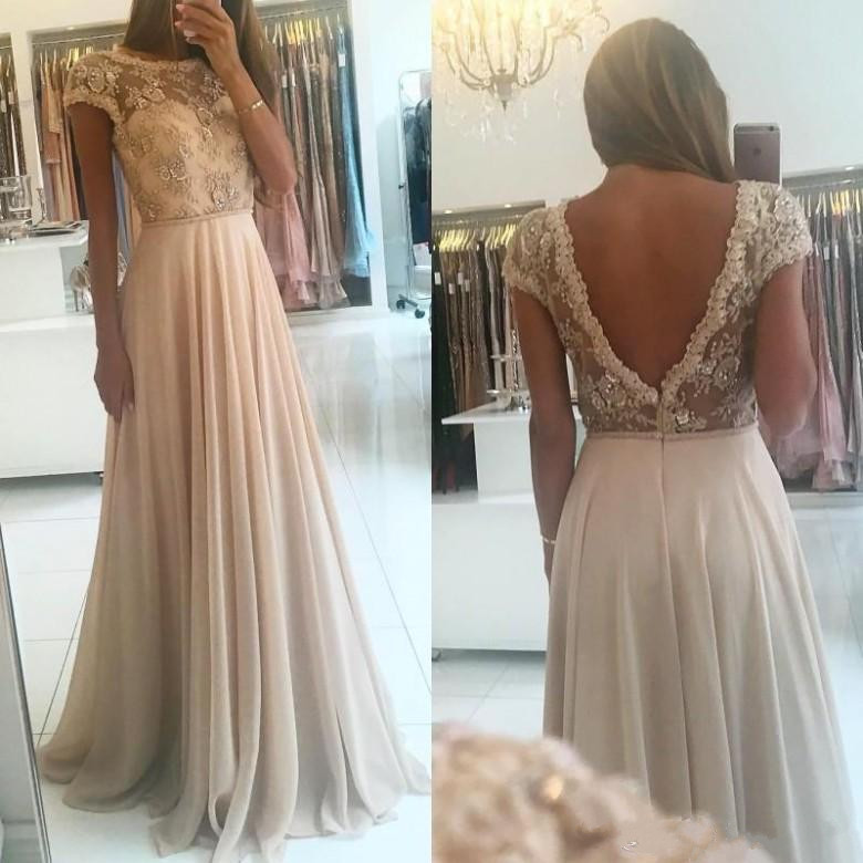

Champagne Chiffon A-Line Prom Dresses Appliqued Lace Beaded Backless Formal Party Gowns Custom Made Cheap Evening Dress, Dark navy