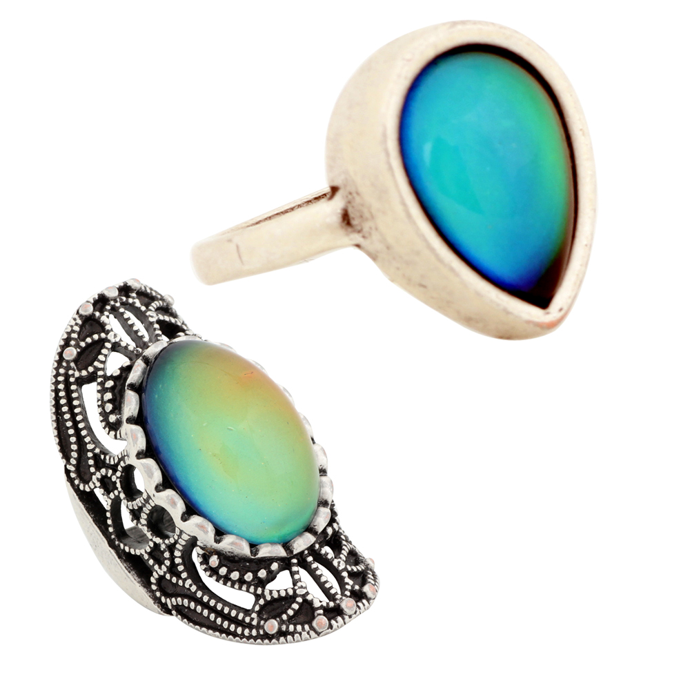 

New Design Ladies Color Change Finger Antique Silver Plated Mood Ring for Sale 2 PCS