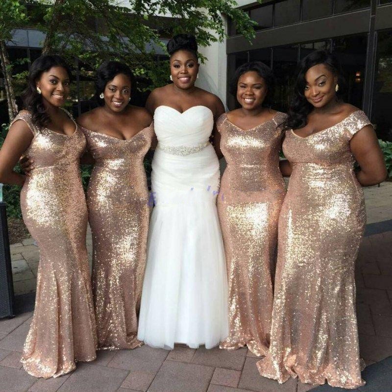 

2022 African Rose Gold Sparkly Mermaid Bridesmaid Dresses Off Shoulder Sequined V Neck Plus size Sexy Beach Wedding Gowns Light Gold Champagne