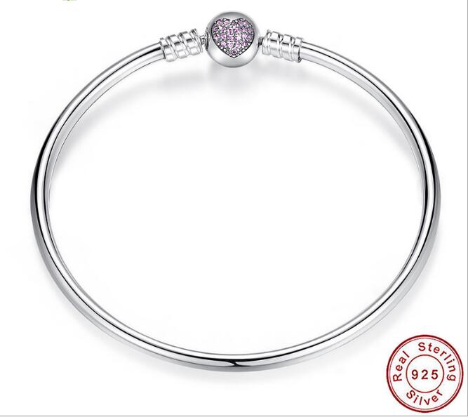 

925 Sterling Silver DIY Basic Snake Chain Charms Bracelets,Wholesale Open Heart Pink Purple Gemstone Clasp Bangle Bracelets,17cm,19cm,21cm are available